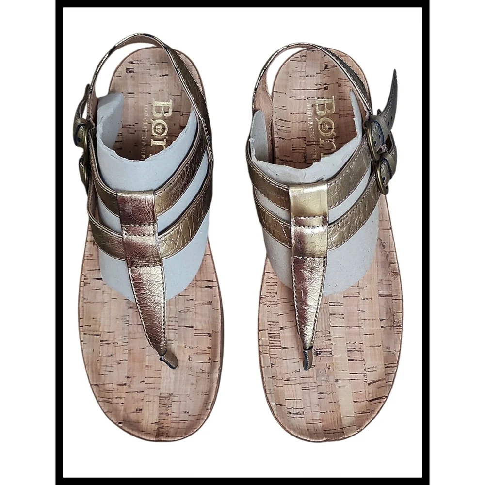 BORN Reta Leather Comfort T-strap Thong Sandals Double Buckle Gold Foil 8 - Picture 3 of 13